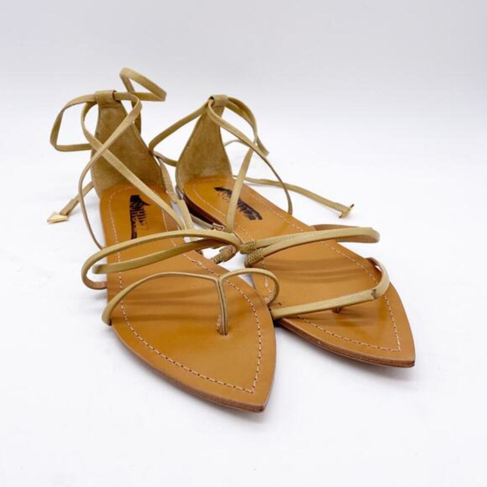 Schutz Women's Strappy Lace Up‎ Pointed Toe Flat Sandals Leather Beige Size 5.5B
